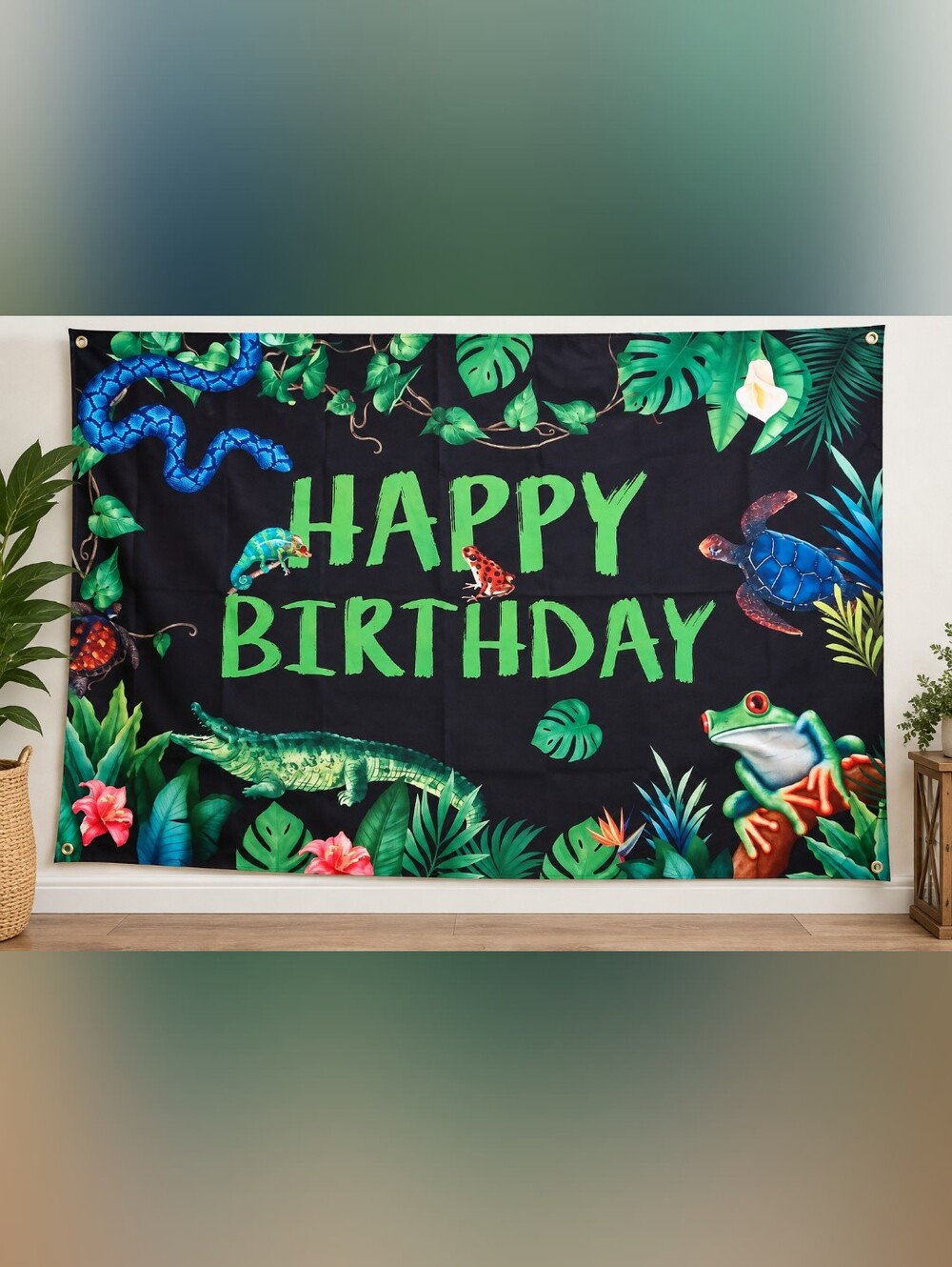 Tropical Jungle Happy Birthday Backdrop Banner Frog Turtle Reptile 71x46